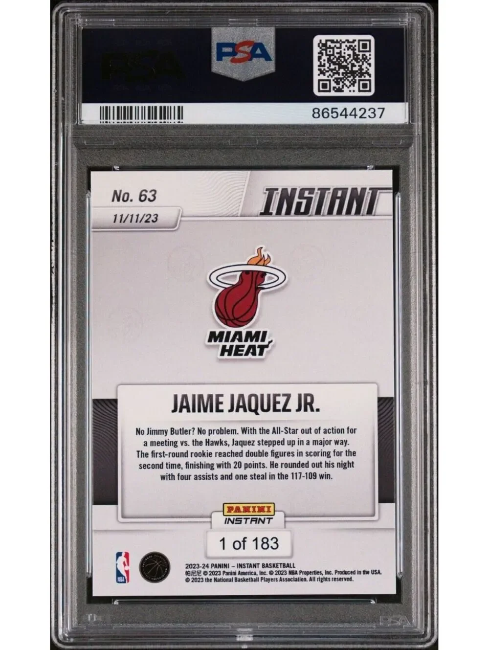 Jaime Jaquez Jr. 2023-24 Panini #63 NBA Rookie Card Heat 1 of 183 PSA 9 Mint
